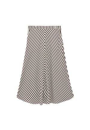 Knielanger Rock mit schwarz-weißen diagonalen Streifen, die ein Chevron-Muster bilden, elastischem Bund und A-Linien-Silhouette.