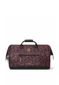Sac de sport avec un fond noir et des motifs floraux en rouge, violet et rose. Dispose de poignées en cuir noir et d'accents de fermeture éclair.