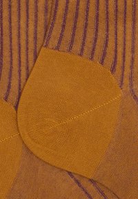 Calze gialle senape con strisce viola, caratterizzate da punta e tallone rinforzati. Realizzate in tessuto a maglia con una finitura morbida e testurizzata.