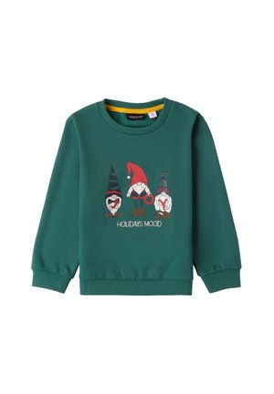 Felpa verde con collo tondo, caratterizzata da tre grafiche di gnomi e testo "MOOD FESTIVO". Tessuto morbido, polsini e orlo a coste.