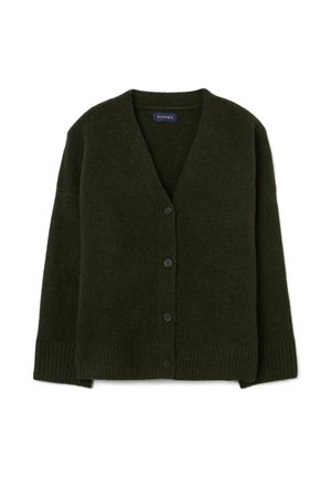 Cardigan en laine vert foncé avec fermeture à boutons, poignets et ourlet côtelés, et col en V.