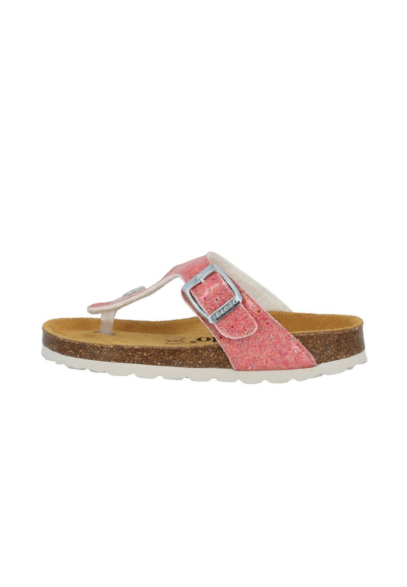 Pink glitter flip-flop sandal with adjustable strap, cork footbed, white outsole, and metallic buckle detail. Smooth inner lining.