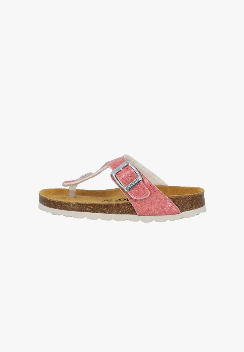 Pink glitter flip-flop sandal with adjustable strap, cork footbed, white outsole, and metallic buckle detail. Smooth inner lining.