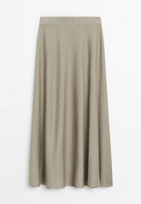 Khaki maxi rok van zachte stof; heeft een elastische tailleband, een luchtig ontwerp en een gladde textuur met minimale details.