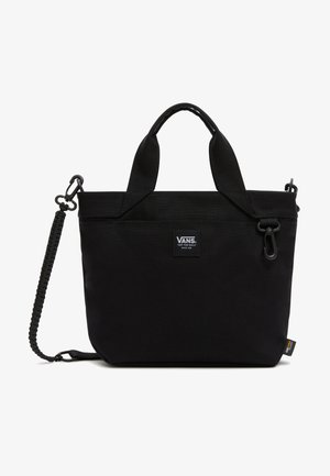 Černá kabelka Vans s dvojitými rukojeťmi, odnímatelným pleteným popruhem na rameno a předním logem na jednobarevném pozadí.