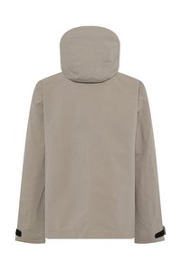 Beige wasserdichte Jacke mit Kapuze, langen Ärmeln und schwarzen Klettverschluss-Akzenten an den Bündchen. Glatte Textur und minimalistisches Design.