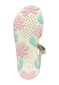 Soletta di sandalo bianca con motivo floreale rosa e blu. Presa testurizzata con fori di ventilazione. Marker della taglia 27 chiaramente visibile.
