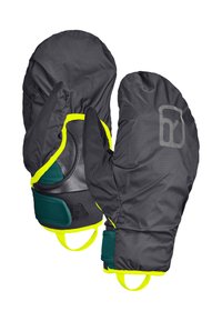 Schwarze wasserdichte Fäustlinge mit gelben Akzenten, verstärkten Lederhandsflächen, verstellbaren Riemen und elastischen Schlaufen für einen sicheren Sitz.