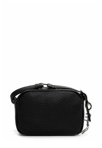 Borsa in pelle nera con superficie testurizzata, forma rettangolare e tracolla staccabile. Presenta una chiusura con zip e accenti in metallo.