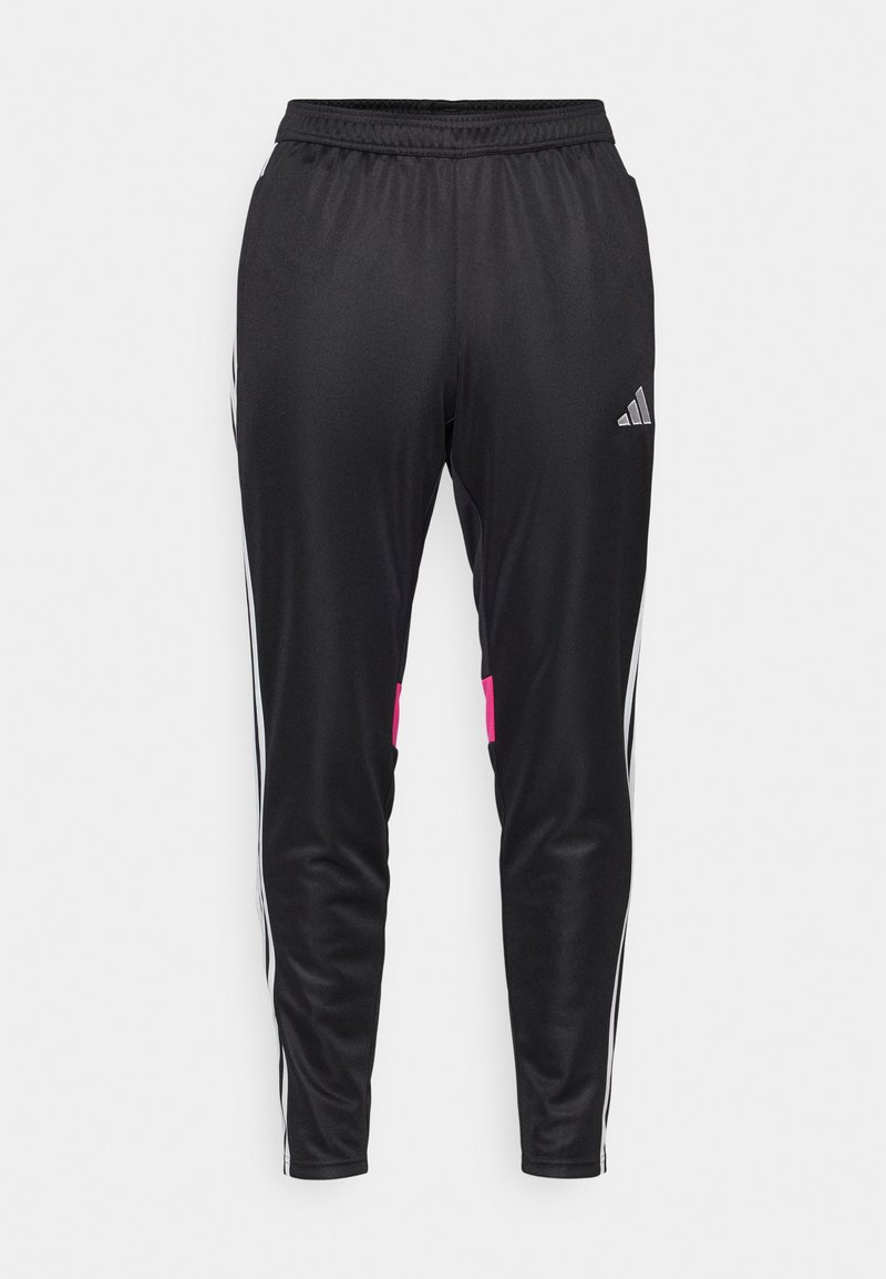 Pantalons de sport noirs en polyester lisse, avec des rayures blanches sur les côtés, des accents roses sur les poches et une taille élastique.
