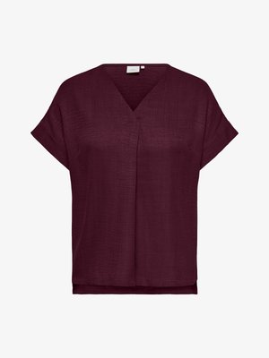 Blouse à manches courtes, bordeaux foncé, col en V, coupe décontractée et tissu subtilement texturé.