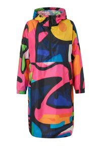 Kleurrijk gewatteerd jack met capuchon met abstracte patronen in roze, blauw, geel, groen, oranje en zwart, met een ritssluiting aan de voorkant en lange mouwen.