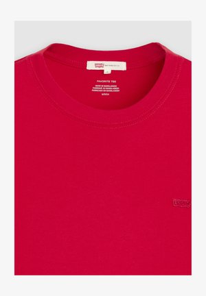 Rød Levi's T-shirt med rund hals, mærkat med brandnavn indvendigt på kraven og lille broderet logo på brystet, størrelse small.