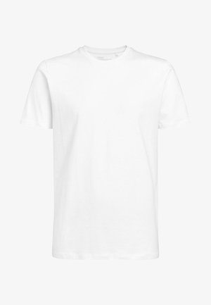 Valge lühikeste varrukatega T-särk, mis on valmistatud puuvillast, ümmarguse kaeluse ja standardse lõikega. Lihtne disain, ilma mustrite või nähtavate detailideta.