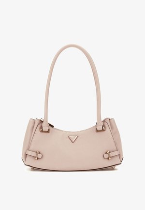 Geantă de mână sintetică roz, cu formă rotundă, mânere duale și accente de hardware cu ton auriu. Prezintă un exterior texturat și un design minimalistic.