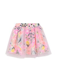 Gonna in tulle con un motivo a pois colorato in rosa, giallo, grigio e nero. Presenta una vita elastica e un design a strati.