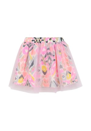Jupe en tulle avec un motif coloré à pois en rose, jaune, gris et noir. Elle dispose d'une taille élastique et d'un design en couches.