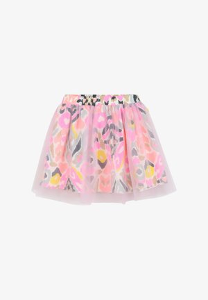 Tule rok met een kleurrijk stippenpatroon in roze, geel, grijs en zwart. Bevat een elastische tailleband en een gelaagd ontwerp.