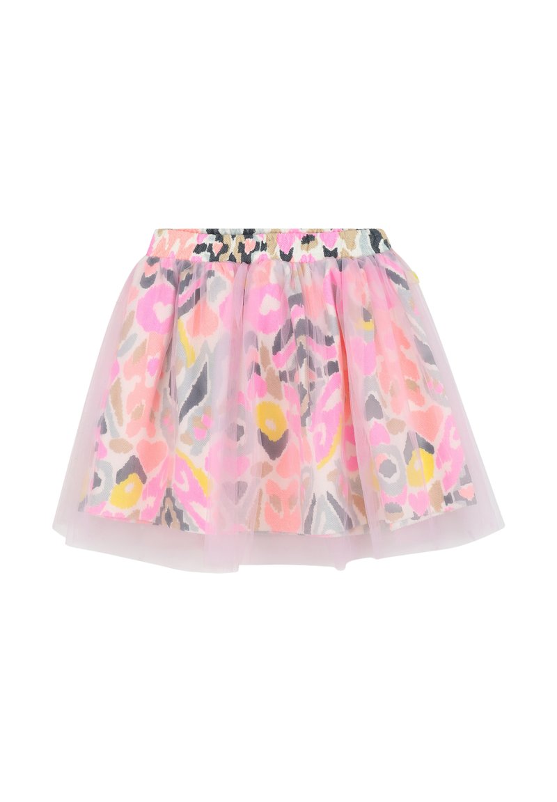 Gonna in tulle con un motivo a pois colorato in rosa, giallo, grigio e nero. Presenta una vita elastica e un design a strati.