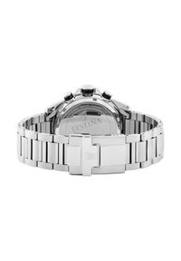 Montre en acier inoxydable argenté avec un bracelet poli, un boîtier rond, trois boutons chronographes noirs et un logo gravé au dos.