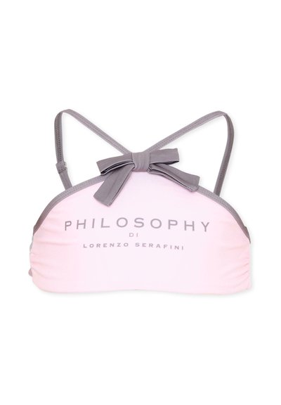Lichtroze bikinitop met grijze rand en bandjes, voorzien van een grijze strik in het midden en tekst "PHILOSOPHY DI LORENZO SERAFINI" aan de voorkant.