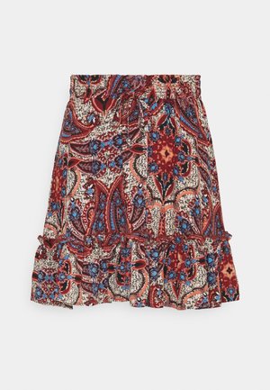 Uitlopende rok met gerimpelde zoom, elastische tailleband en bloemig paisleypatroon in rood, blauw, zwart en crème.