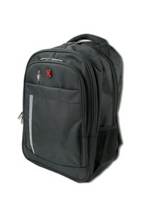 Sac à dos noir en tissu texturé, doté de compartiments zippés, d'une poche frontale avec une bande réfléchissante, et de poches latérales en mesh.