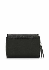 Portafoglio nero in pelle con finitura testurizzata, dotato di chiusura con zip e di una piccola linguetta. Forma rettangolare compatta.
