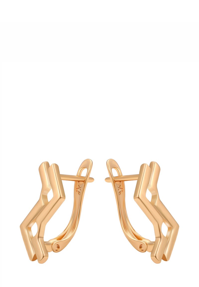 Et par polerede guldfarvede geometriske hoops med vinkelret zigzag-design og hængsel-lukning.