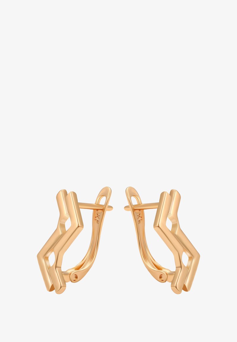 Poliitud kuldse tooni geomeetrilised rõngas-kõrvarõngad angularse zigzag kujundusega ja hingedega kinnitusega.