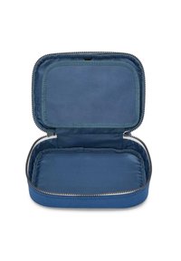 Blue fabric zippered case with a smooth interior, rectangular shape, and stitched detailing along the zipper. Open design shows interior compartment.