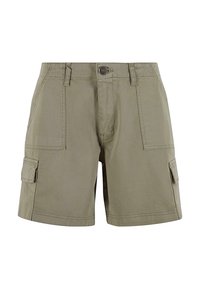 Khaki cargo šortky vyrobené z odolné tkaniny, s dvěma předními kapsami, dvěma bočními kapsami a zapínáním na zip s knoflíkem.