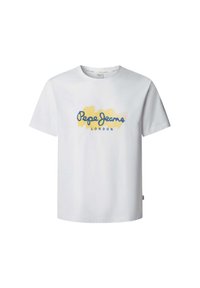 Balta medvilninė T-marškiniai su mėlynu ir geltonu grafiniu logotipu "Pepe Jeans London" priekyje, su apvaliu kaklu ir laisvu siluetu.