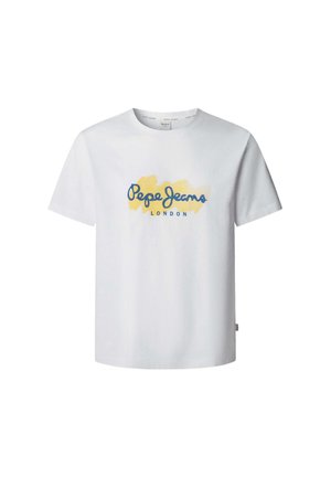 Bijela pamučna majica s plavim i žutim grafičkim logom "Pepe Jeans London" sprijeda, s okruglim izrezom i opuštenim krojem.
