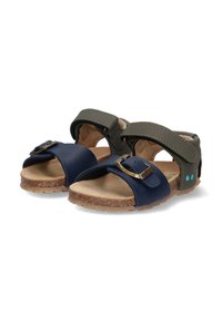 Blauwe en groene sandalen met een leren bovenkant, kurken voetbed en verstelbare banden. Bevat een metalen gesp en een gestructureerde rubberen zool.