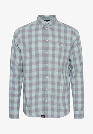 Lyseblå og grå ternet langærmet skjorte med button-down krave, enkelt brystlomme og hvide knapper på et blødt stof.