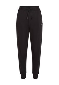 Zwarte joggingbroek met elastische tailleband en verstelbaar trekkoord. Samenlopend naar de enkels met boorden; van een katoenmix.