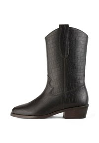 Black faux leather cowboy boot with a crocodile texture, pointed toe, tall shaft, and a small stacked heel. Accented with a decorative seam.