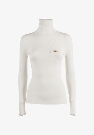 Maglia bianca a collo alto a coste con maniche lunghe e una piccola tasca con dettaglio oro. Tessuto strutturato e design aderente.