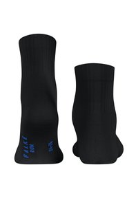 Schwarze Laufsocken mit gerippten Bündchen und blauer "FALKE RUN"-Schrift. Glatte Textur, knöchelhoch, verstärkte Fersen- und Zehenbereiche.