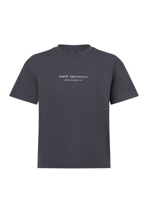 Dunkelgraues Baumwoll-T-Shirt mit kurzen Ärmeln, das über einen runden Ausschnitt verfügt und auf der Vorderseite mit weißem, gedrucktem Logotext versehen ist. Einfaches, schmuckloses Design.