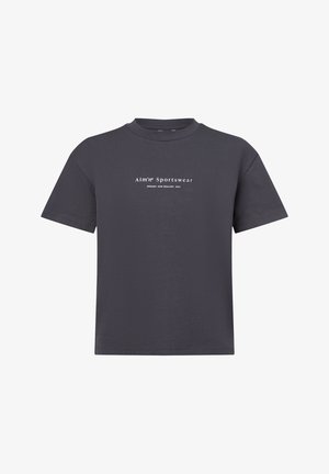 Dark gray cotton t-shirt with short sleeves, featuring a round neckline and white printed logo text on the front. Simple, unembellished design.