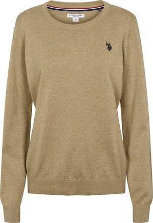 Beżowy sweter z okrągłym dekoltem i długimi rękawami, małe czarne logo gracza polo na lewej piersi oraz ściągacze przy mankietach i dole.