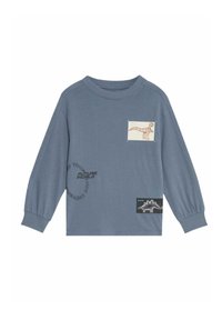 Camicia in cotone azzurro a maniche lunghe con grafiche di dinosauri, inserzioni testuali, colletto a coste e due distinti patch grafici.
