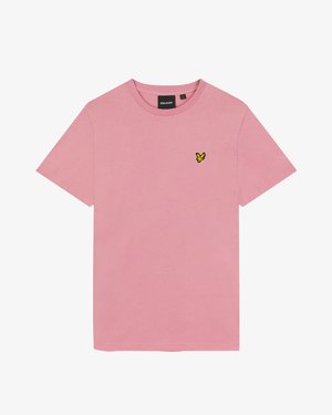 Rosa kurzärmliges T-Shirt mit Rundhalsausschnitt, mit kleinem gelben und schwarzen Vogel-Logo auf der linken Brust und schwarzem Markenschild im Kragen.