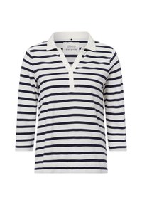 Marineblau und weiße gestreifte Langarm-Polohemden mit V-Ausschnitt und Knopfleiste. Hergestellt aus Bio-Baumwolle, bietet es eine lässige Passform.