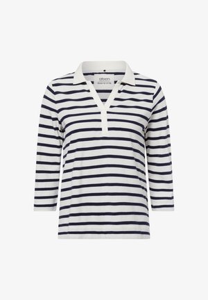 Navy and white striped long-sleeve polo shirt with a v-neck collar and front placket. Made from organic cotton, featuring a casual fit.