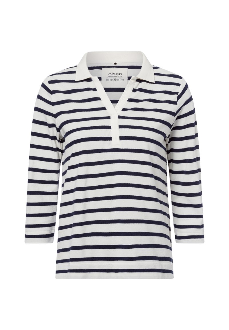 Marineblau und weiße gestreifte Langarm-Polohemden mit V-Ausschnitt und Knopfleiste. Hergestellt aus Bio-Baumwolle, bietet es eine lässige Passform.