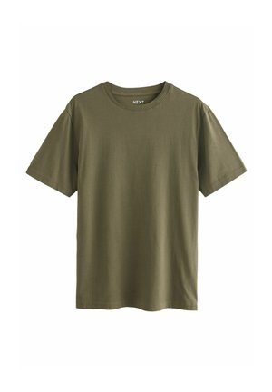 Oliveno zeleni pamukasti T-shirt s kratkim rukavima, okruglim izrezom i opuštenim krojem. Glatka tekstura s minimalnim detaljima. Dizajniran za svakodnevno nošenje.