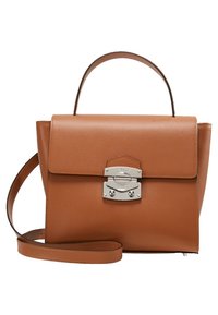 Sac à main en cuir marron avec une forme structurée, bandoulière amovible, poignée supérieure et fermeture en métal argenté à l'avant.